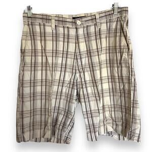 Sonoma Mens Shorts Sz 34 Tan Brown Cream Plaid‎ Cotton Longer Length